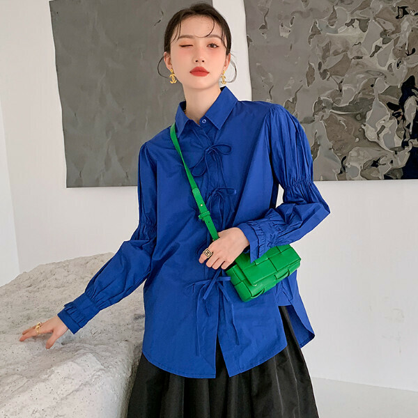 Hot selling strappy retro shirt (blue) (S-L size) (contact customer service after placing order to confirm delivery size)