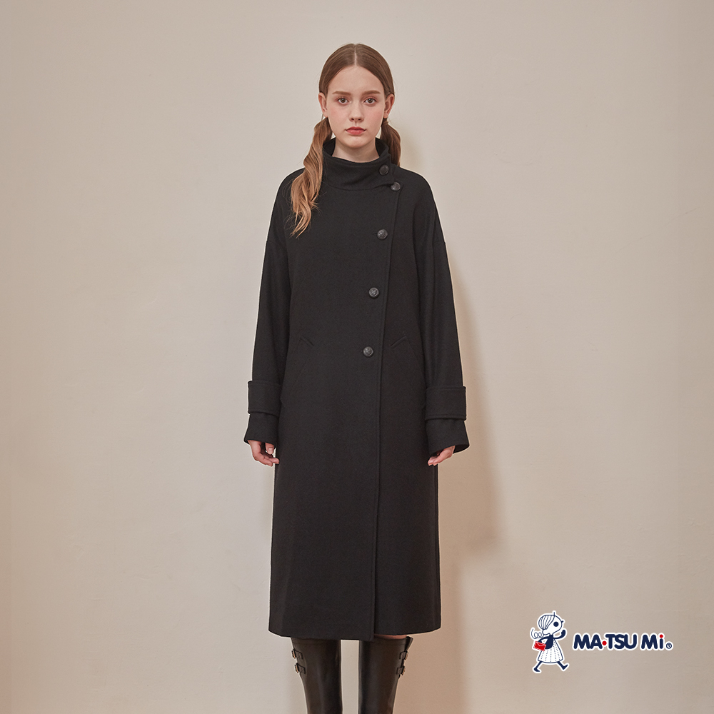 MA‧TSU Mi 設計感毛呢長版外套大衣(黑)