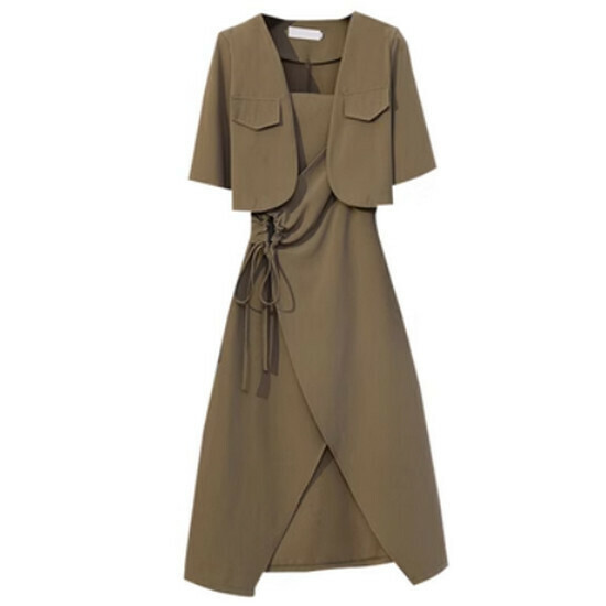 Hot selling suit + suspender dress [khaki] [M-4XL size] (please contact customer service to confirm the delivery size after placing the order)