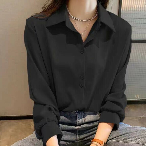 Early Spring Chiffon Shirt Women's Long Sleeve (Black [S_2XL Size] (Contact customer service to confirm the shipping size after placing an order)
