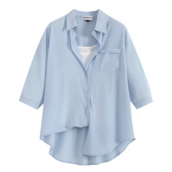 Hot selling fake two-piece shirt top [blue] [L-4XL size] (please contact customer service to confirm the delivery size after placing the order)