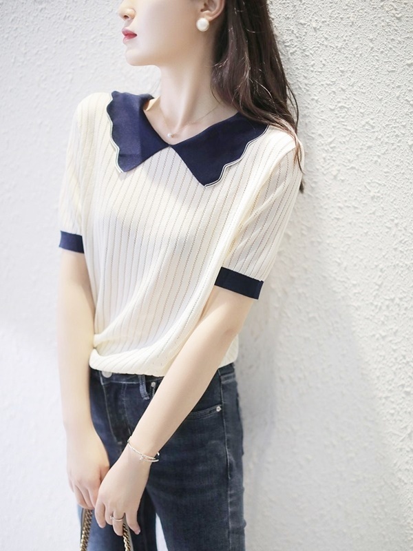 花型翻領鏤空針織上衣 白色