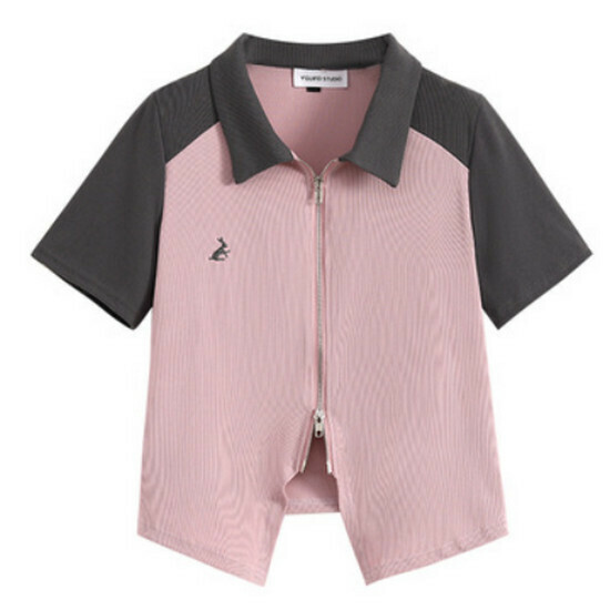 Hot selling Polo collar contrasting color short-sleeved T-shirt [pink] [size L-4XL] (please contact customer service to confirm the delivery size after placing the order)