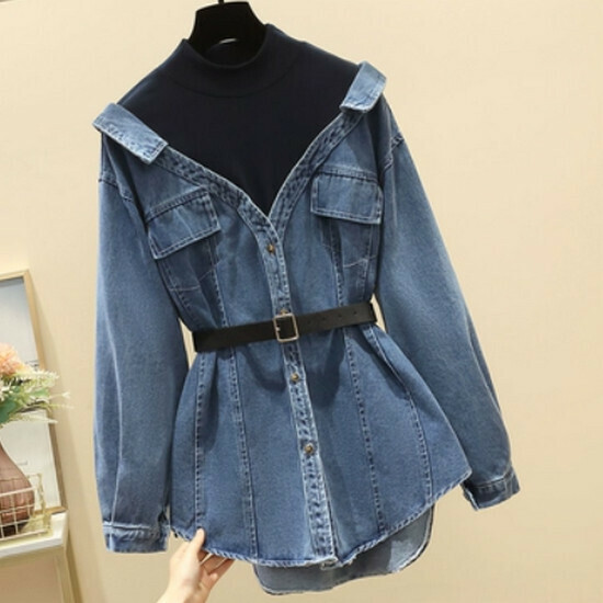 Hot selling fake two-piece denim shirt [blue] [M-3XL size] (please contact customer service to confirm the delivery size after placing the order)