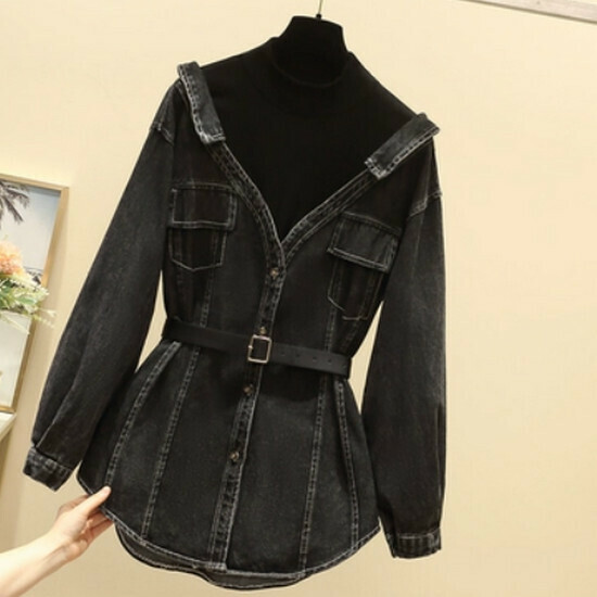 Hot selling fake two-piece denim shirt [black] [M-3XL size] (please contact customer service to confirm the delivery size after placing the order)