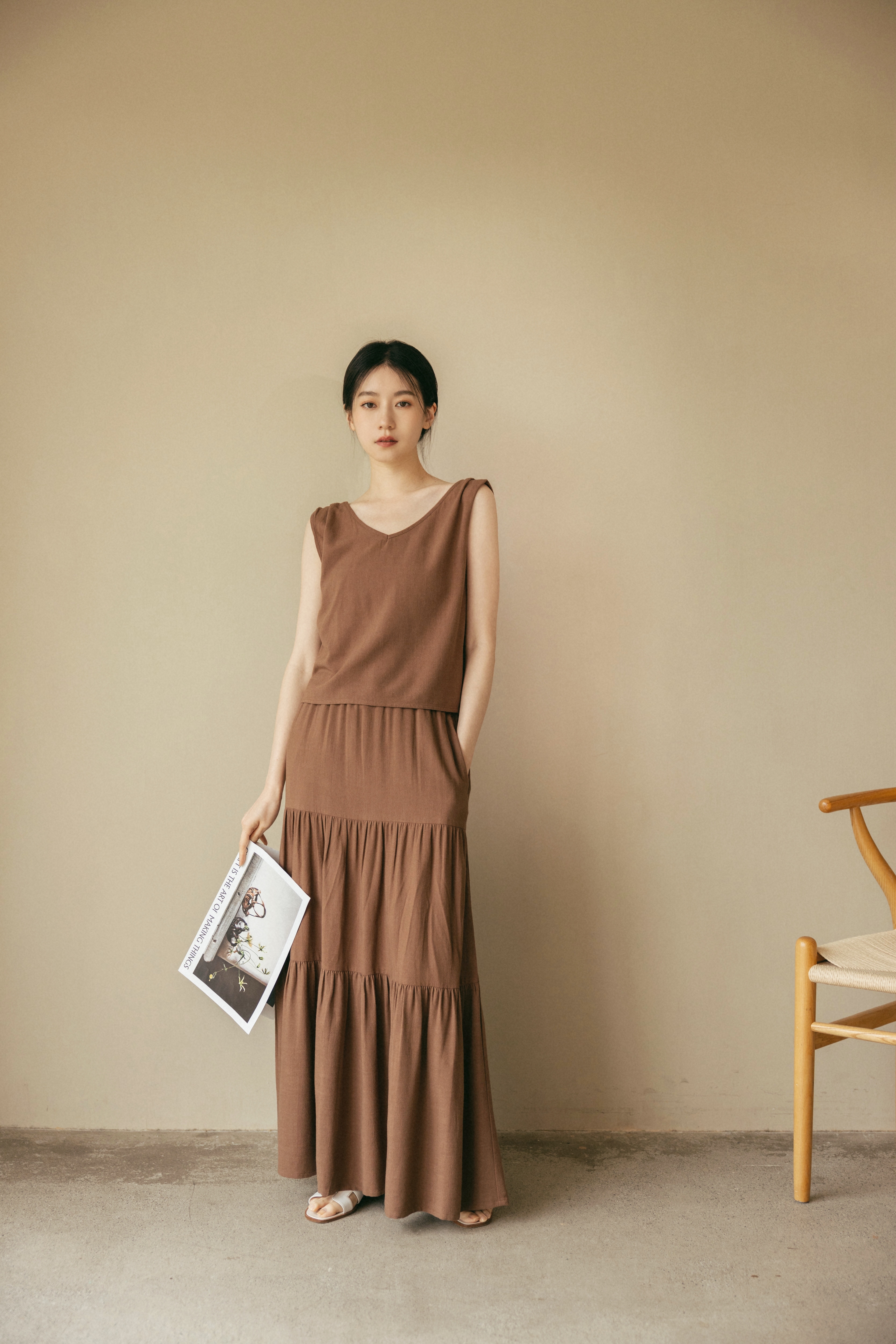 法式棉麻背心長裙SET-咖