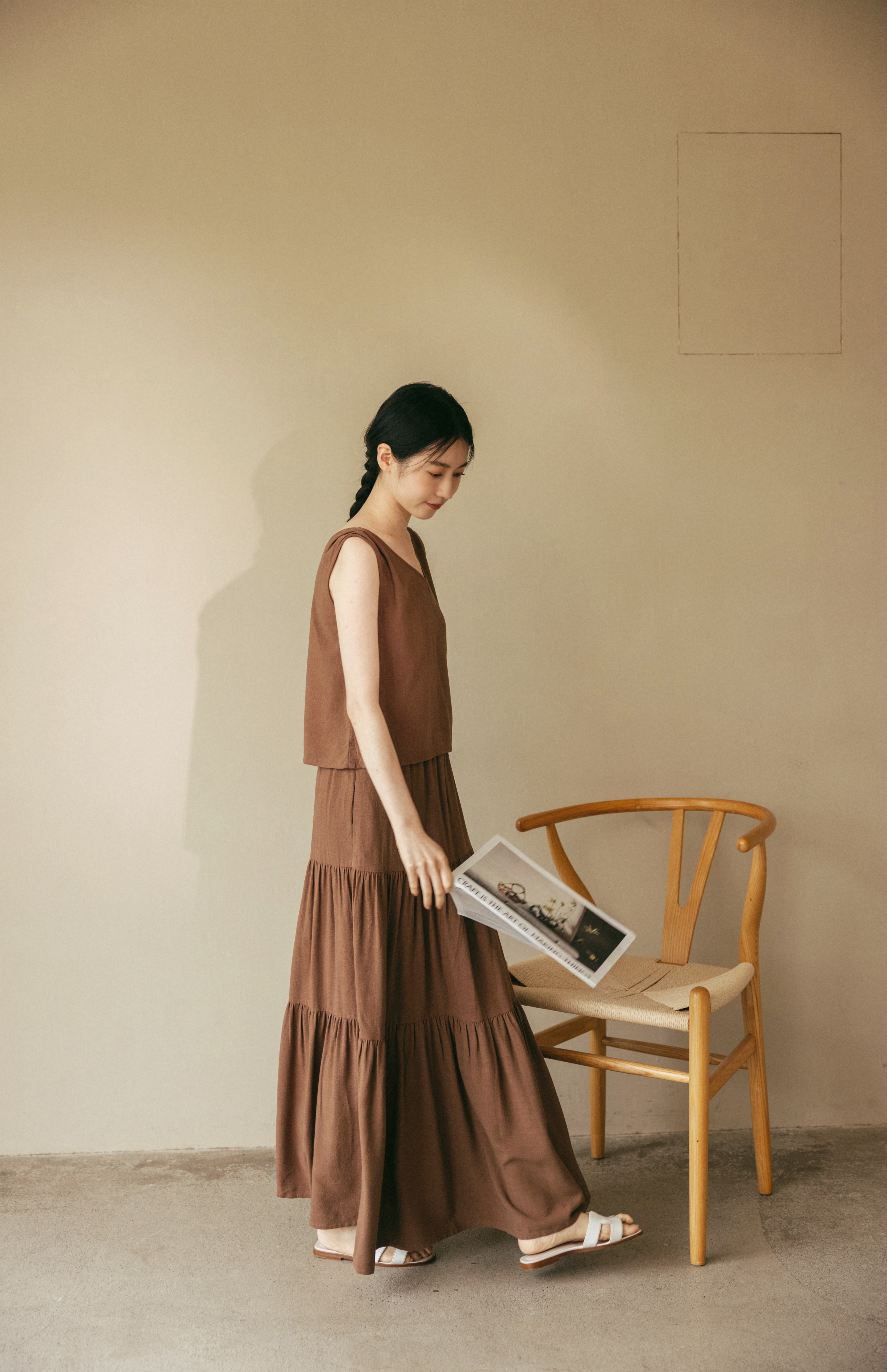 法式棉麻背心長裙SET-咖