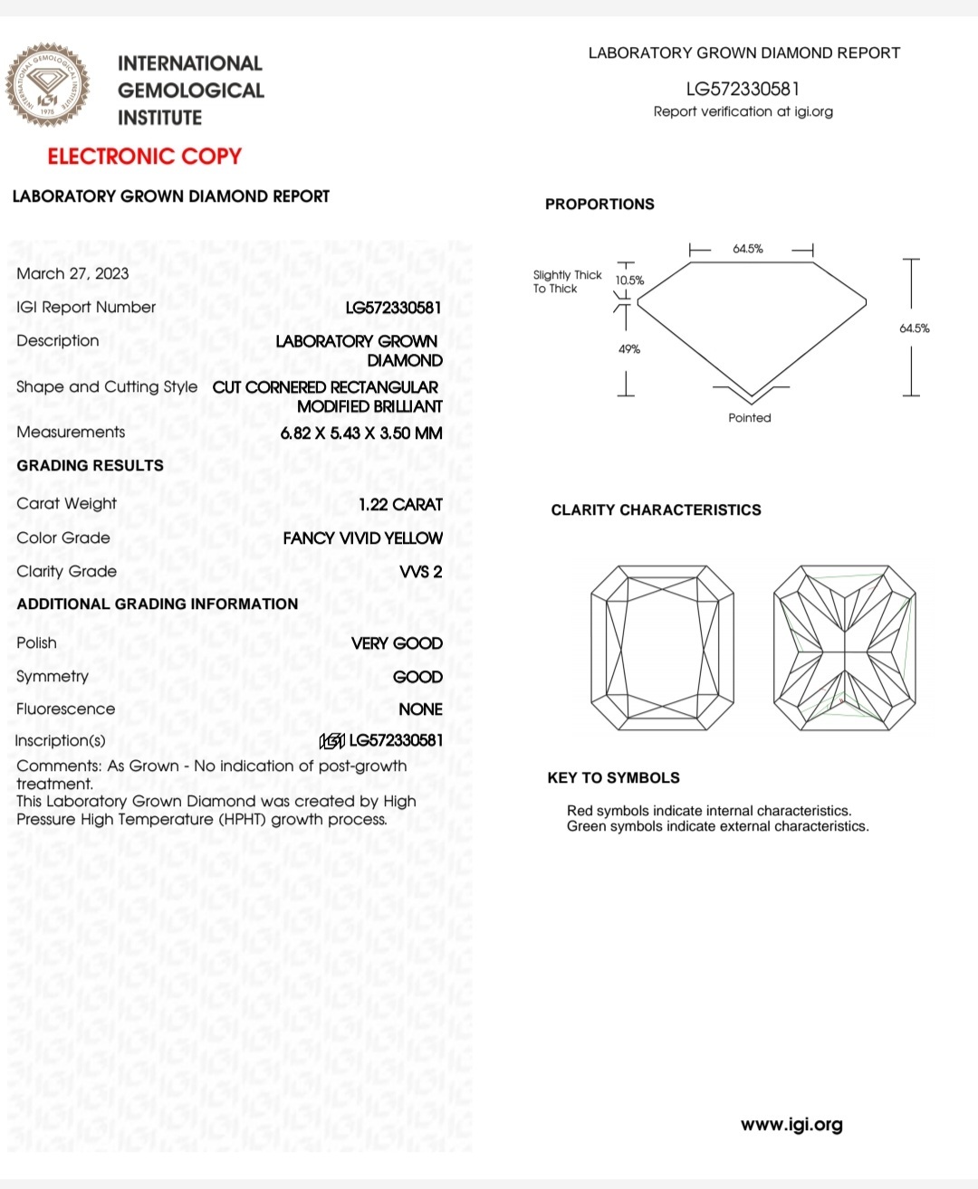 IGI LAB GROWN 1.22 F.V.Y VVS2 VG G N