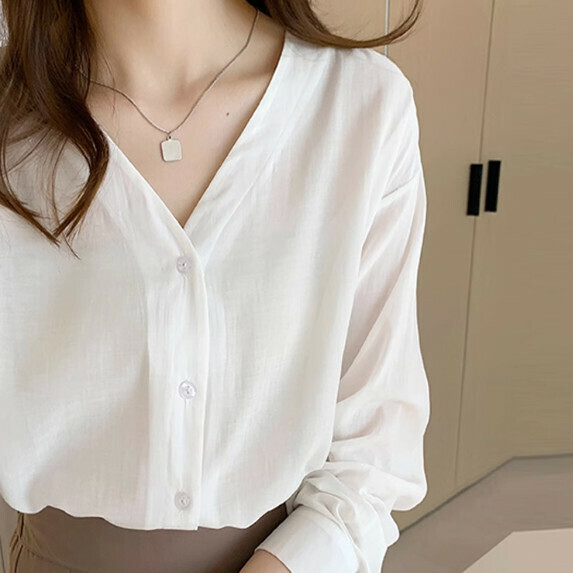 Retro V-neck Shirt Women's Long Sleeve Spring and Autumn (White [S_XL Size] (Contact customer service to confirm the shipping size after placing an order)