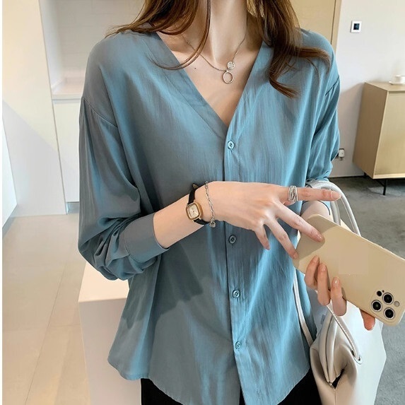 Retro V-neck Shirt Women's Long Sleeve Spring and Autumn (Green [S_XL Size] (Contact customer service to confirm the shipping size after placing an order)