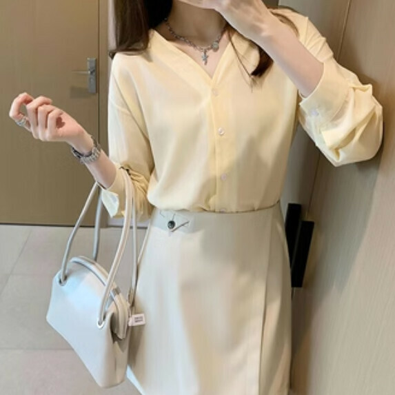 Retro V-neck shirt women's long sleeve Spring and Autumn (yellow [size S_XL] (contact customer service to confirm the shipping size after placing an order) 