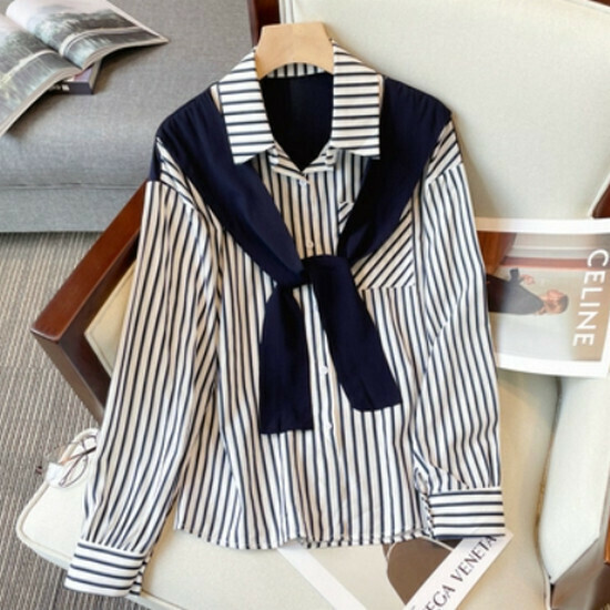 Hot selling fake two-piece striped shirt [royal blue] [M-3XL size] (please contact customer service to confirm the delivery size after placing the order)