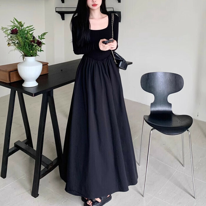 Hot seller collared long-sleeved patchwork dress (size S-L) (obsidian black) (contact customer service after placing the order to confirm the delivery size)