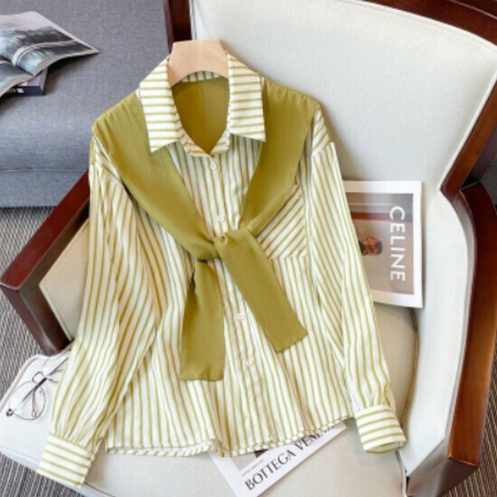 Hot selling fake two-piece striped shirt [green] [M-3XL size] (please contact customer service to confirm the delivery size after placing the order)