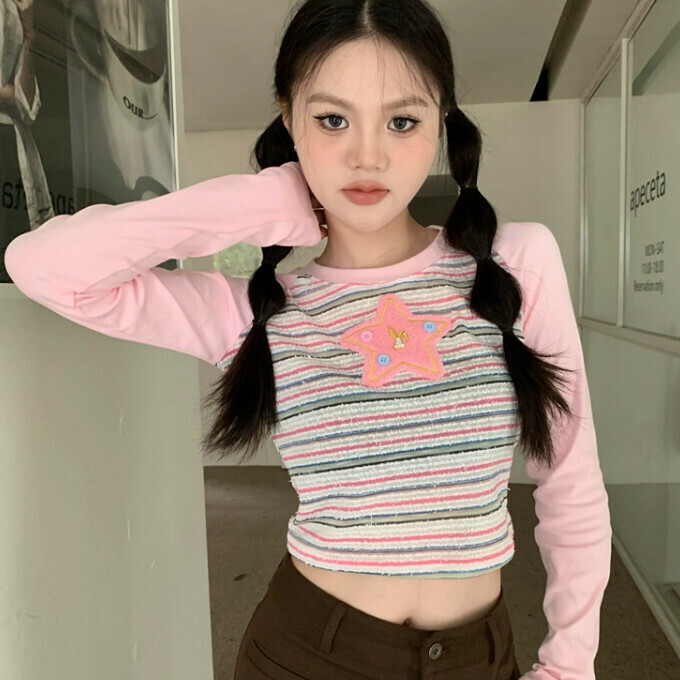 Hot selling star embroidered striped raglan T-shirt (one size fits all) (pink)