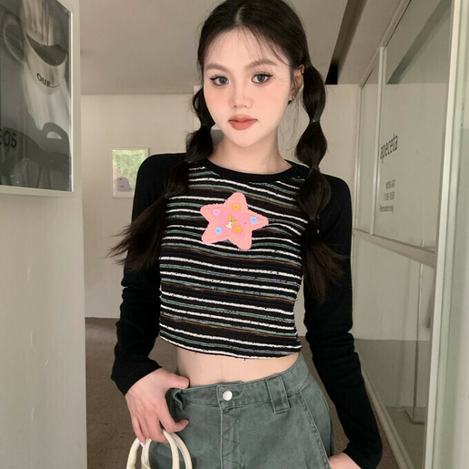 Hot selling star embroidered striped raglan T-shirt (one size fits all) (black)
