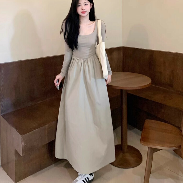 Hot seller collared long-sleeved patchwork dress (S-L sizes) (tea break green) (contact customer service after placing the order to confirm the delivery size)