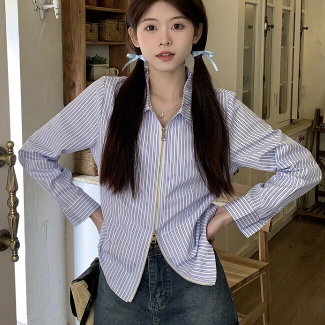 Hot Selling Long Sleeve Zipper Shirt (One Size Fits All) (Blue Stripes)