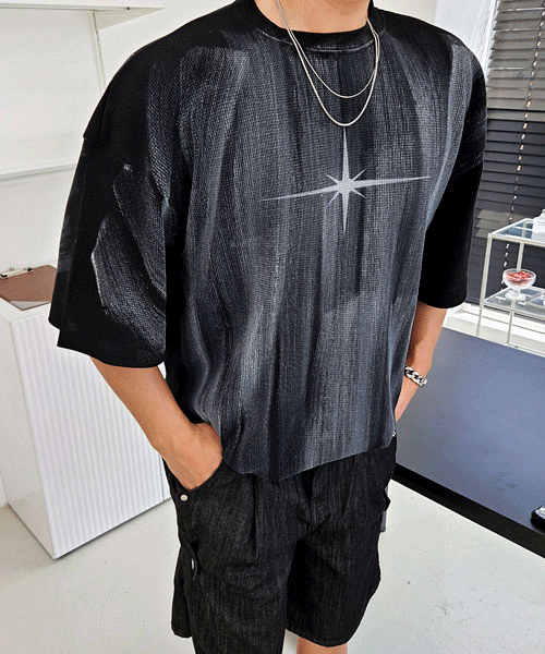 汙水洗塗色華夫格短袖T恤