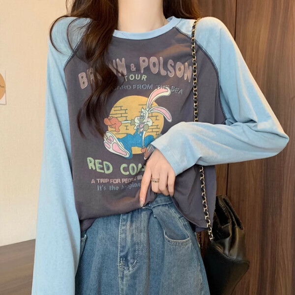 Hot Selling Letter Printed Round Neck T-Shirt (One Size) (Blue)