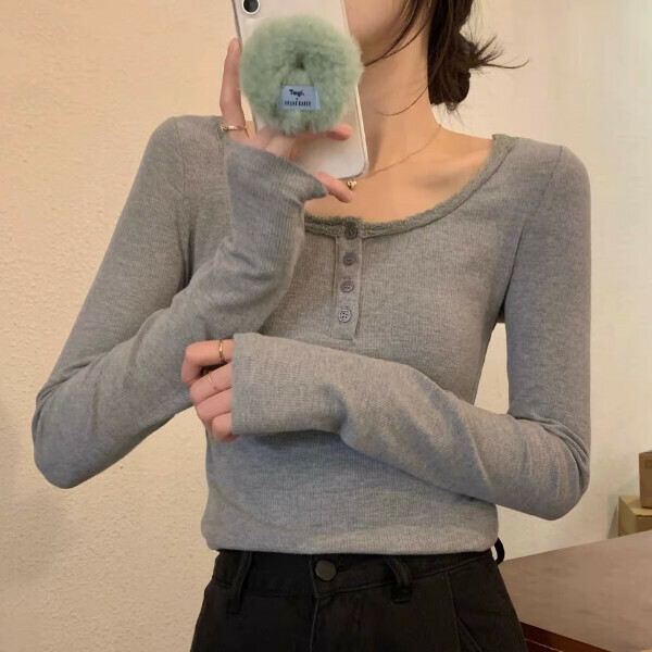 Hot seller collar lace splicing T-shirt (one size fits all) (grey)