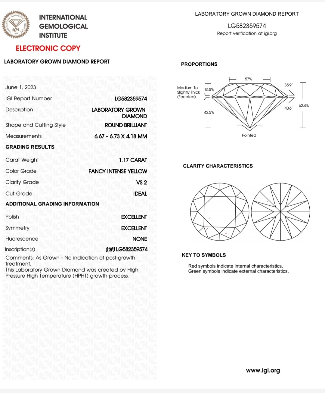 IGI LAB GROWN 1.17 F.I.Y VS2 IDEAL EX EX N