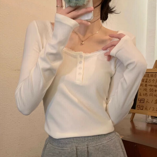 Hot seller collar lace splicing T-shirt (one size fits all) (white)