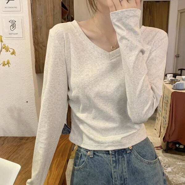 Hot selling temperamental V-neck T-shirt (size S-L) (flower gray) (contact customer service after placing order to confirm delivery size