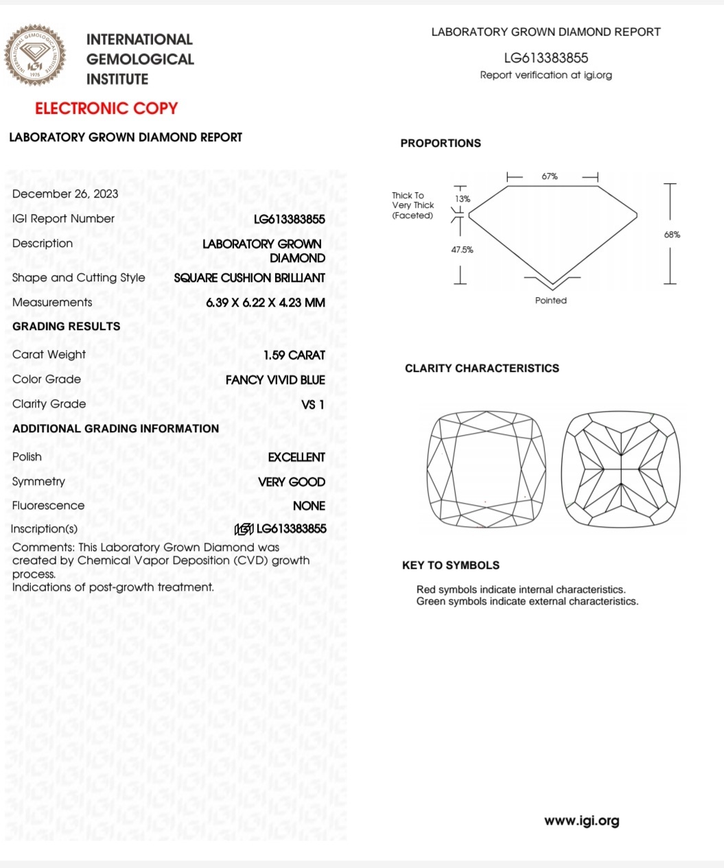 IGI LAB GROWN 1.59 F.V.B VS1 EX VG N