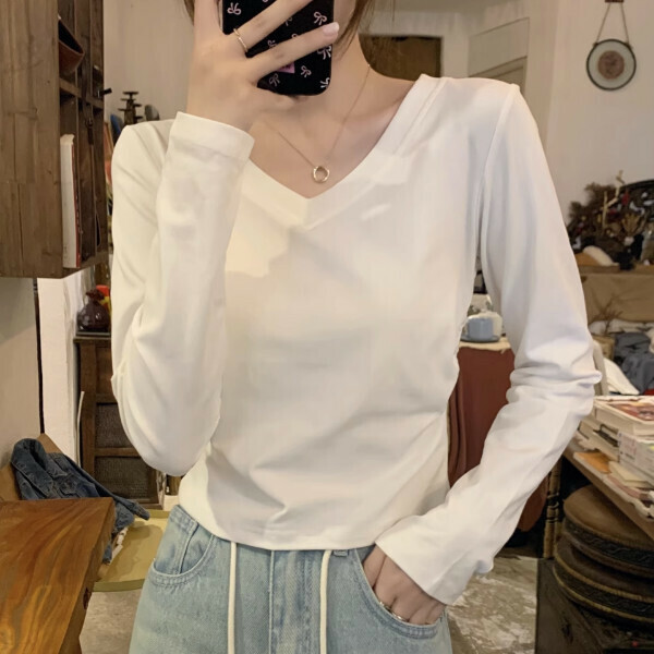 Hot selling temperament V-neck T-shirt (S-L size) (White) (contact customer service after placing order to confirm delivery size