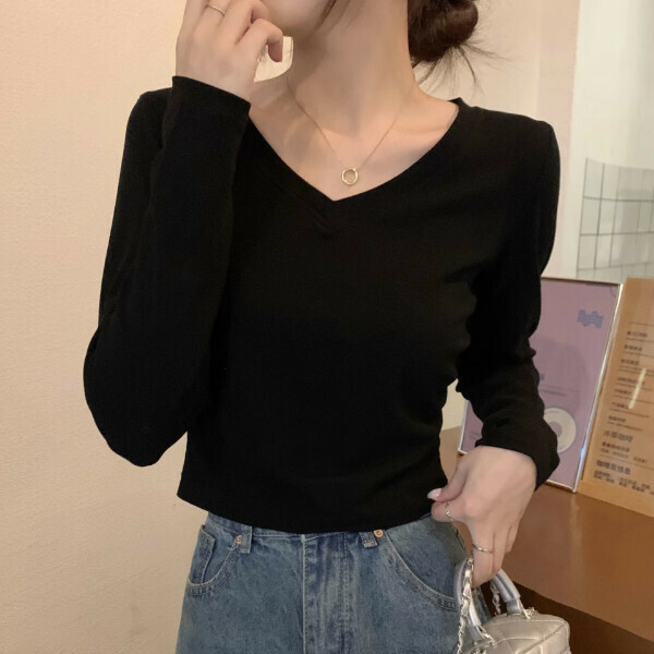 Hot selling temperament V-neck T-shirt (S-L size) (Black) (contact customer service after placing order to confirm delivery size
