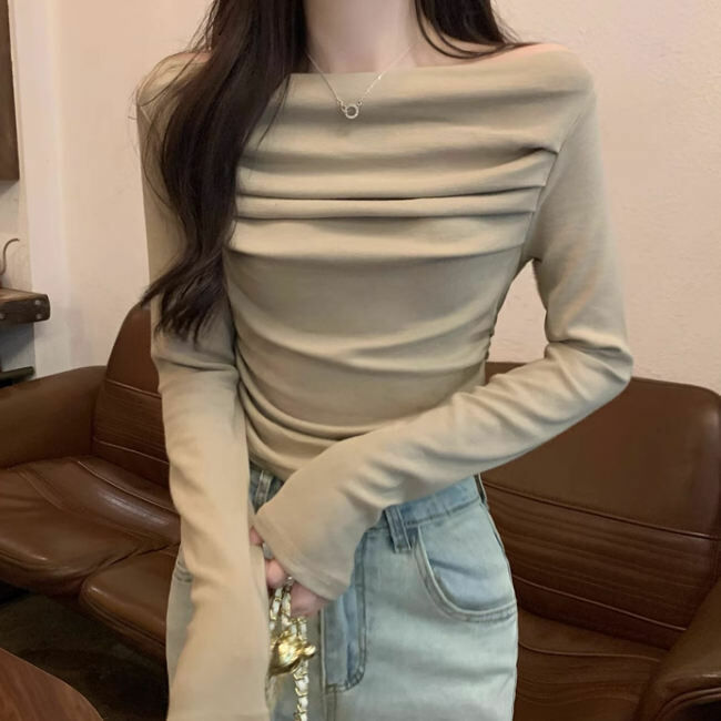 Hot selling one shoulder pleated T-shirt (one size fits all) (beige)