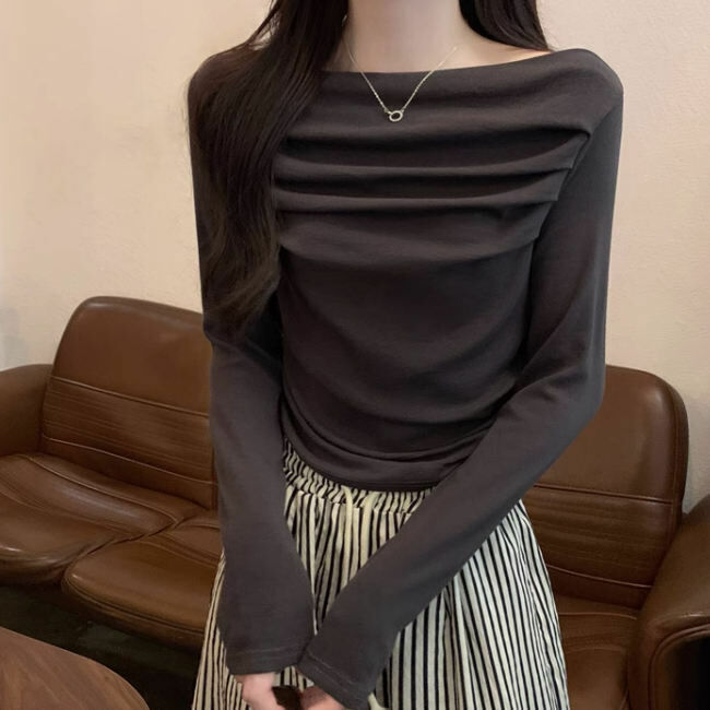 Hot selling one shoulder pleated T-shirt (one size fits all) (premium gray)