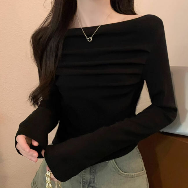 Hot Selling One Shoulder Pleated T-Shirt (One Size) (Black)