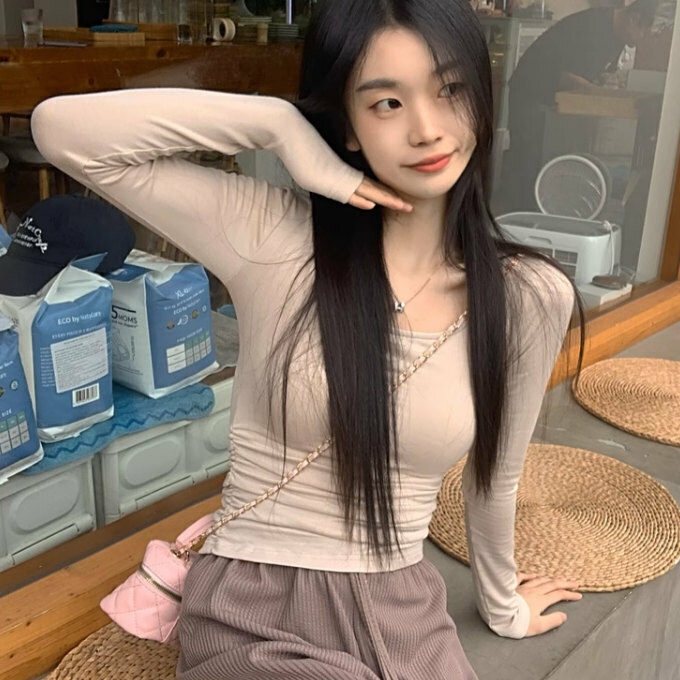 Hot selling pleated waist T-shirt (S-L size) (light apricot) (contact customer service after placing order to confirm delivery size