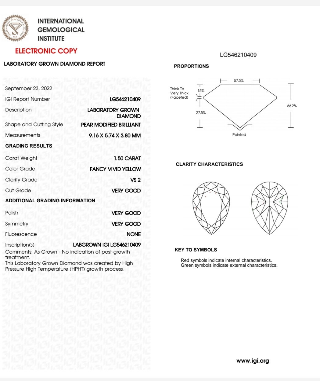 IGI LAB GROWN 1.50 F.V.Y VS2 VG VG VG N
