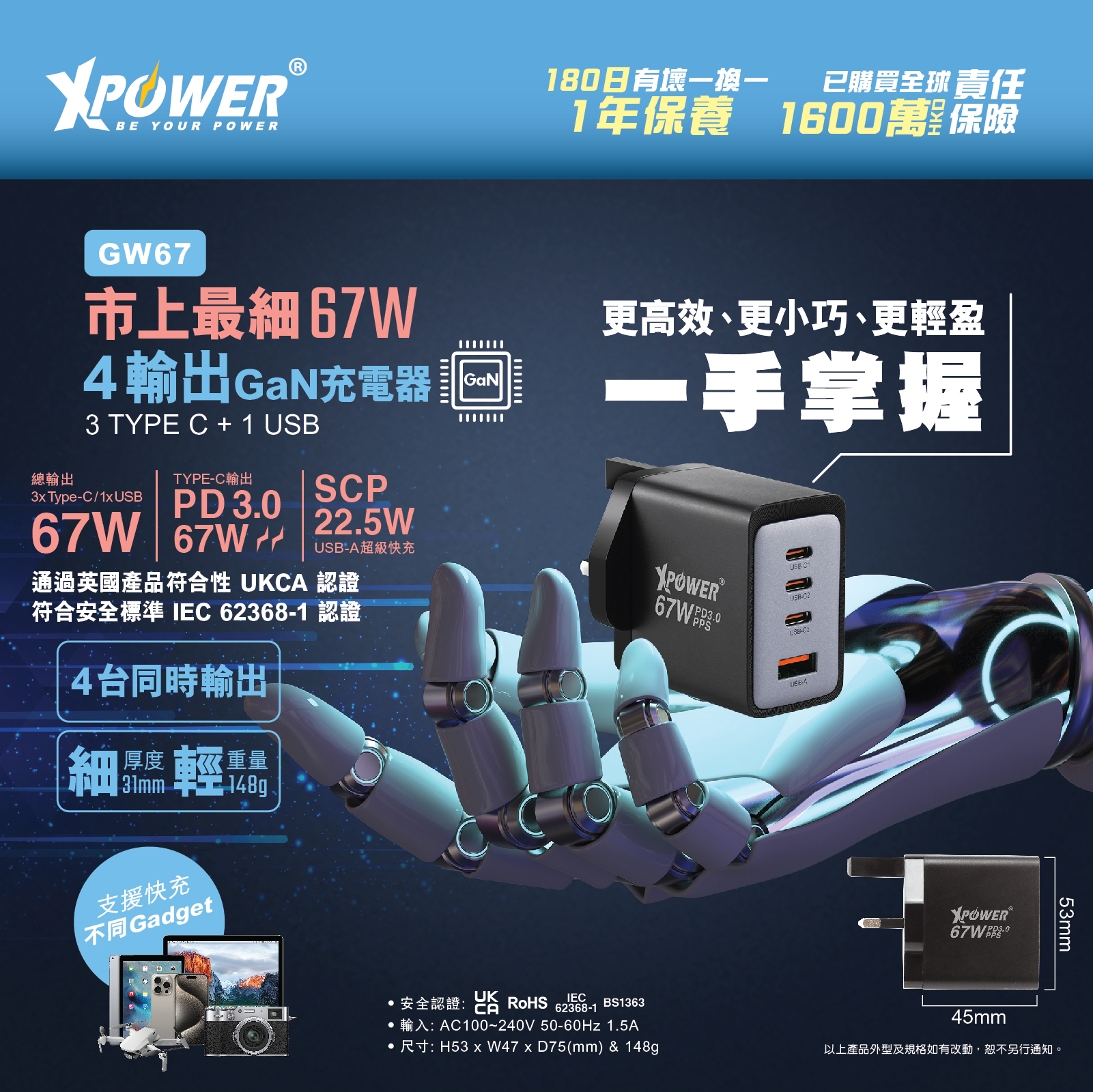 XPower GW67 67W PD3.0/PPS/SCP插牆GaN充電器