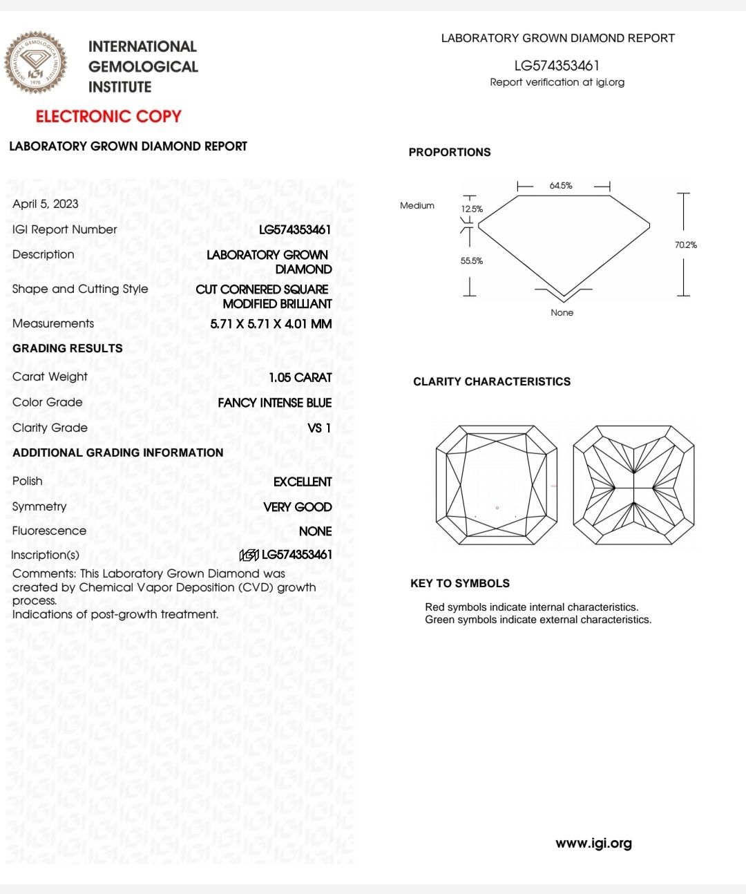 IGI LAB GROWN 1.05 F.I.B VS1 EX VG N