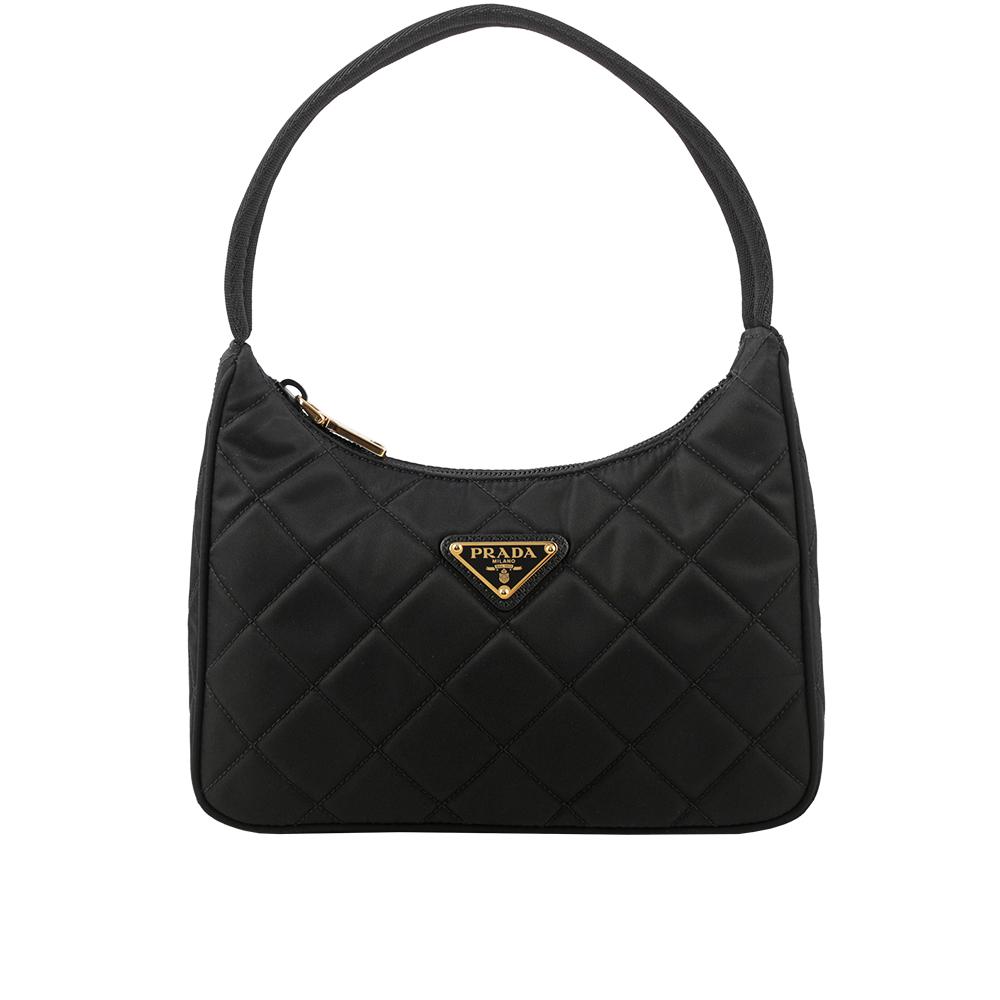 【Prada】金色三角牌Logo 菱格紋尼龍迷你手提包
