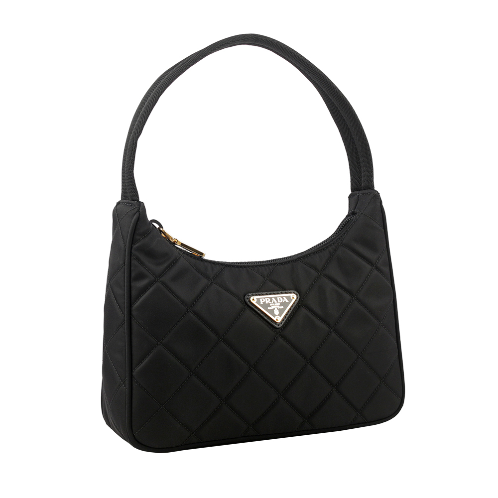 【Prada】金色三角牌Logo 菱格紋尼龍迷你手提包