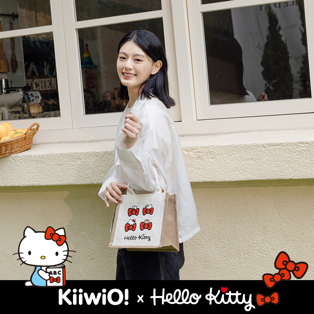 Hello Kitty x Kiiwi O! 棉麻隨行袋凱蒂貓吃餅乾