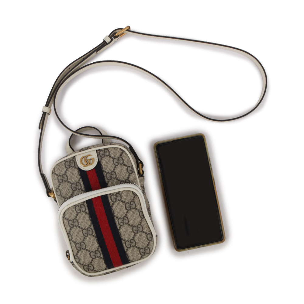 【GUCCI】GG Supreme 帆布及皮革藍紅迷你拉鍊二用包(白色/烏木色) 671682 96IWT 9794