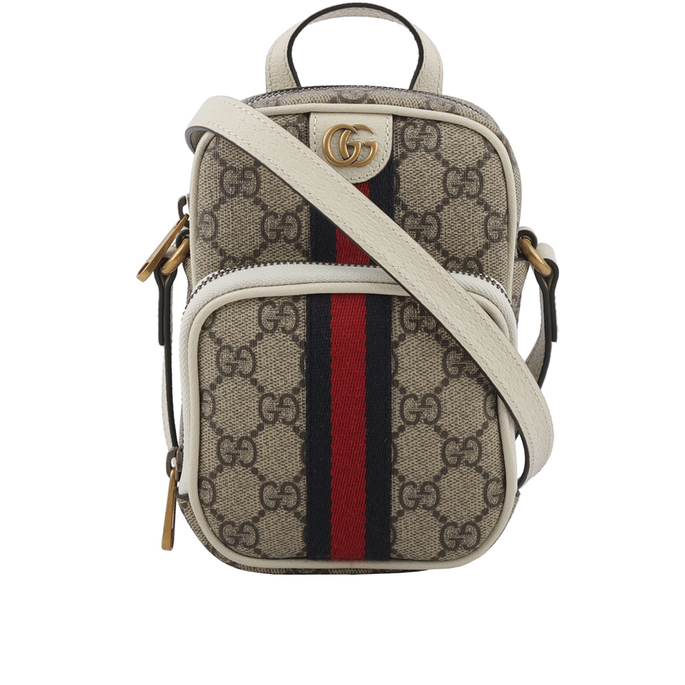 【GUCCI】GG Supreme 帆布及皮革藍紅迷你拉鍊二用包(白色/烏木色) 671682 96IWT 9794