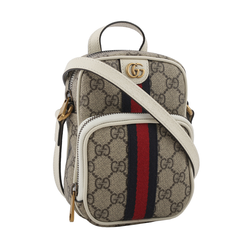 【GUCCI】GG Supreme 帆布及皮革藍紅迷你拉鍊二用包(白色/烏木色) 671682 96IWT 9794