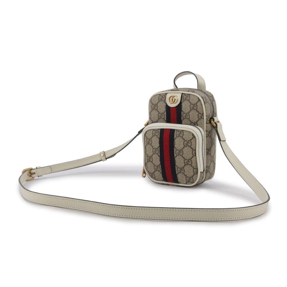 【GUCCI】GG Supreme 帆布及皮革藍紅迷你拉鍊二用包(白色/烏木色) 671682 96IWT 9794