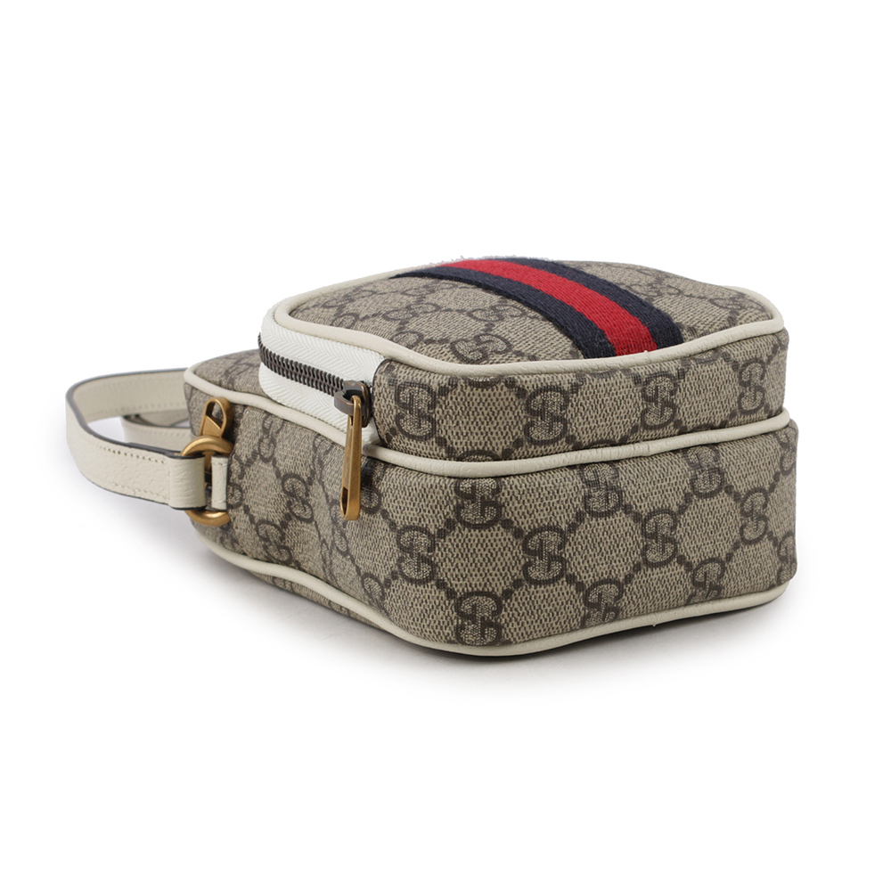 【GUCCI】GG Supreme 帆布及皮革藍紅迷你拉鍊二用包(白色/烏木色) 671682 96IWT 9794