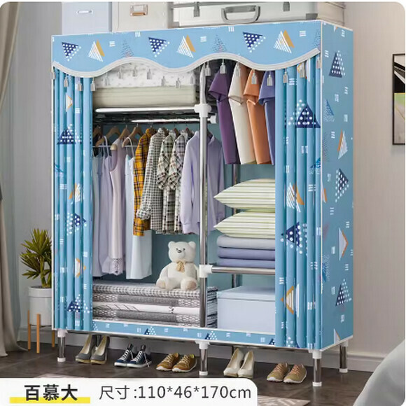 New simple wardrobe home bedroom cabinet assembly cloth wardrobe simple storage steel pipe (2 rows [length 110cm] Bermuda)