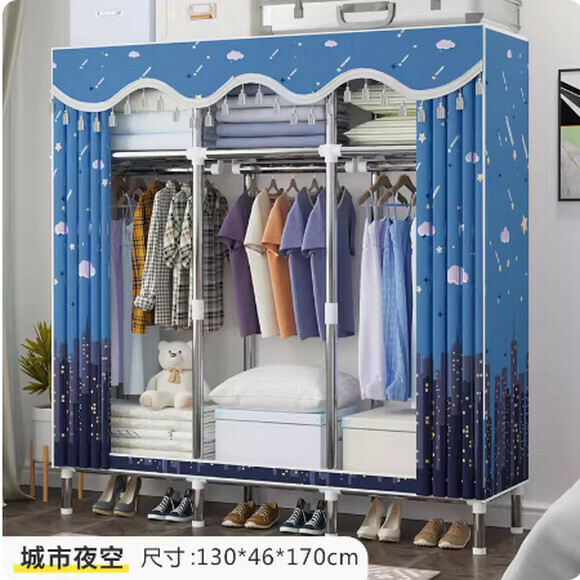 New simple wardrobe home bedroom cabinet assembly cloth wardrobe simple storage steel pipe (3 rows [length 130cm] city night sky)