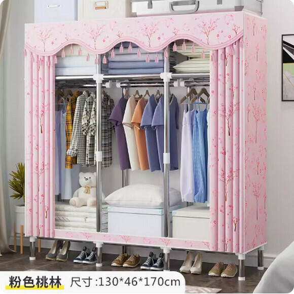 New simple wardrobe home bedroom cabinet assembly cloth wardrobe simple storage steel pipe (3 rows [length 130cm] pink peach forest)