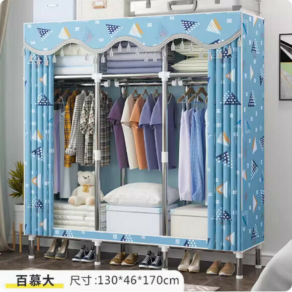 New simple wardrobe home bedroom cabinet assembly cloth wardrobe simple storage steel pipe (3 rows [length 130cm] Bermuda)